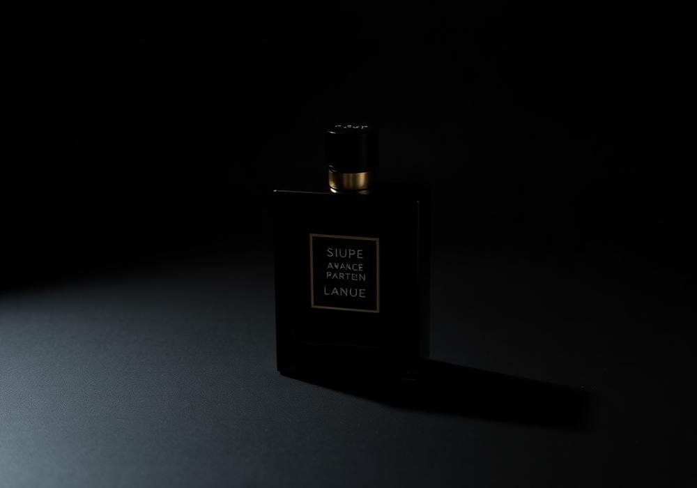Dark studio product photograph of a bottle under a hard spotlight
