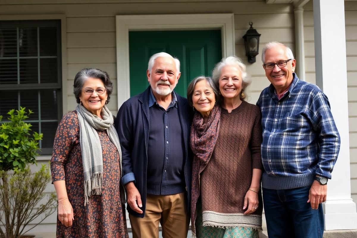 A multigenerational family standing together outside their home